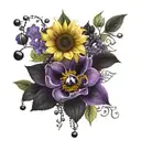 Give me a tattoo containing a yellow sunflower, a black rose, a purple orchid all surrounded by a rosary. tattoo design idea