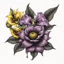 Give me a tattoo containing a yellow sunflower, a black rose, a purple orchid all surrounded by a rosary. tattoo design idea