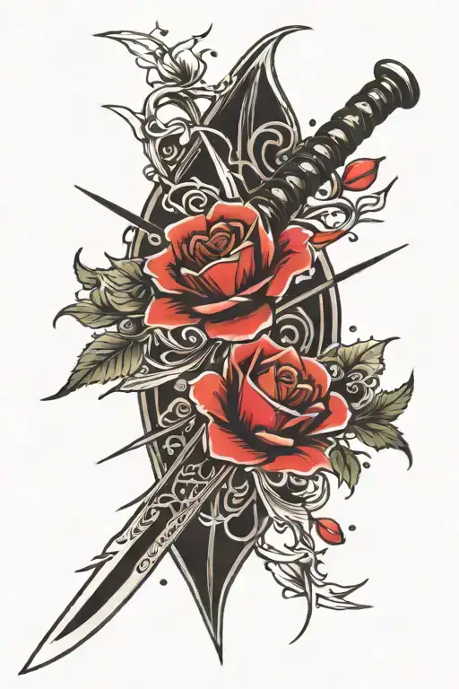 katana which crosses 3 dark roses, with falling cherry petals around it tattoo design idea
