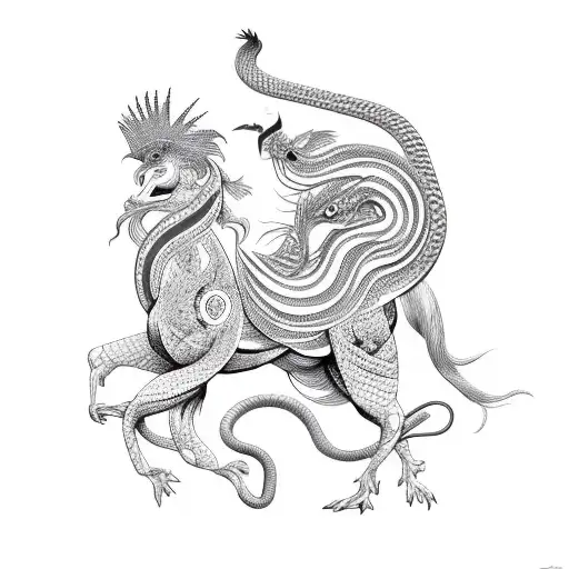 horse with snake and rooster tattoo design idea