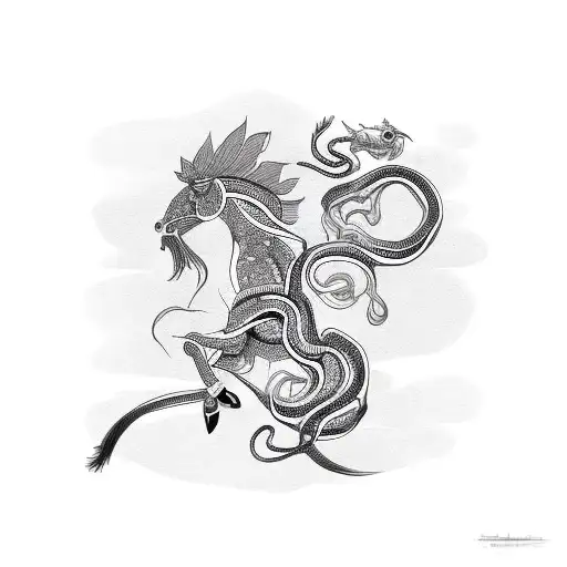horse with snake and rooster separate  tattoo design idea