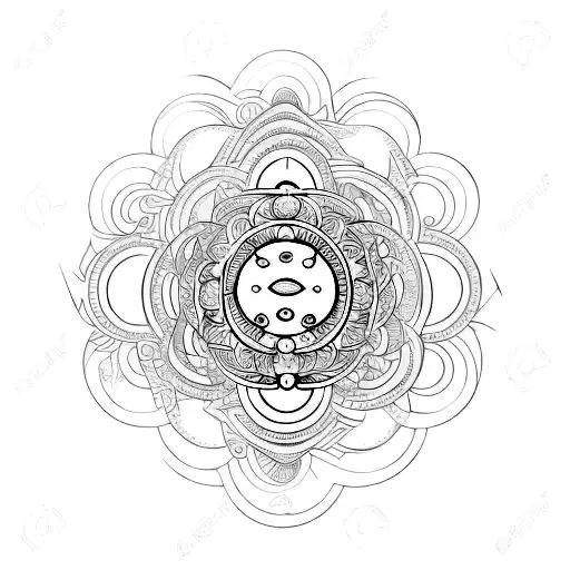 Intricate pattern of chakras and celestial bodies tattoo design idea