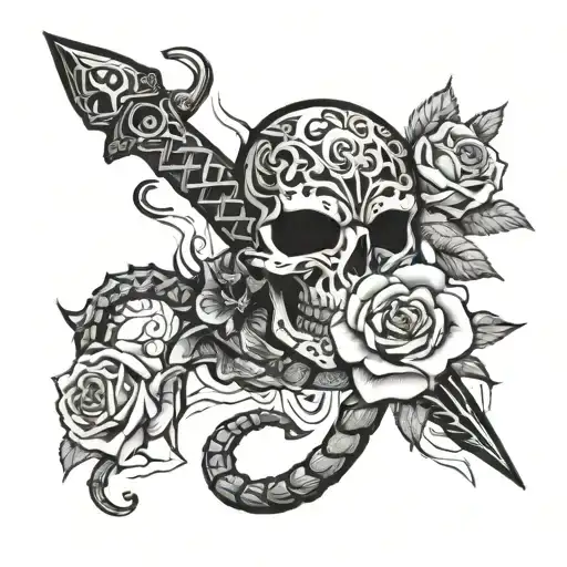 god, rose, burn, mask, knife, Scorpion tattoo design idea