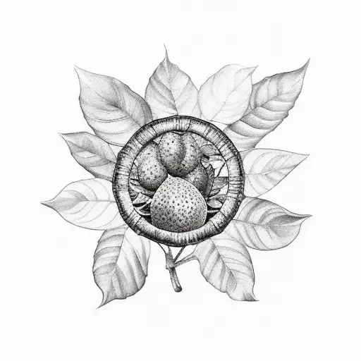 guadua forest With South American Fruits at the bottom, sunlight filtering through the leaves, tropical flower tattoo design idea
