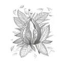 guadua forest With South American Fruits at the bottom, sunlight filtering through the leaves, tropical flower tattoo design idea