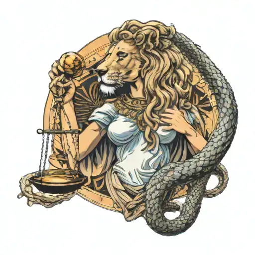 Virgo with a lion tattoo on her arm holding the scales of justice with a two headed snake wrapped around it tattoo design idea