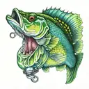 blue and green bass fish with hook and lure in mouth tattoo design idea