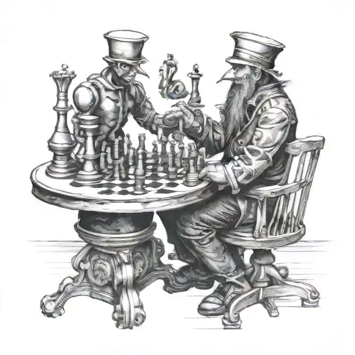 Puppet master playing chess and using the puppet strings to move the chess pieces tattoo design idea