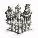 Puppet master playing chess and using the puppet strings to move the chess pieces tattoo design idea