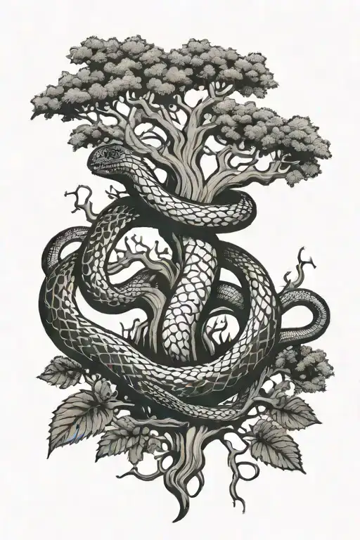 Snake around yggdrasil tree tattoo design idea