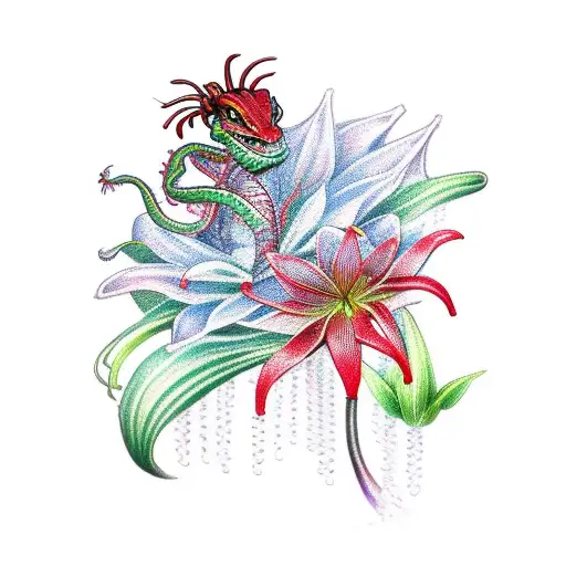 a water dragon with a red spider lily and the lily of the valley  tattoo design idea