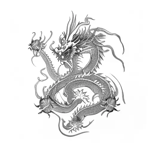 chinese dragon with a red spider lily and the lily of the valley  tattoo design idea
