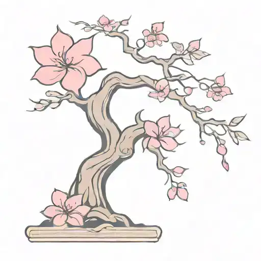 hong kong flag and pink flowers bonsai tree tattoo design idea