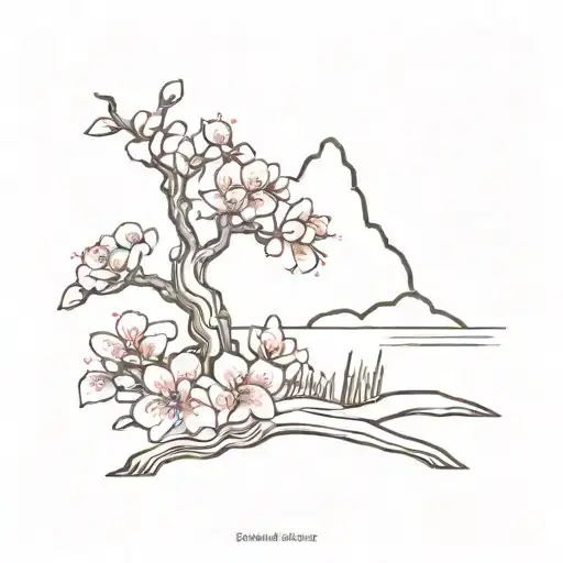 hong kong flag and pink flowers bonsai tree tattoo design idea