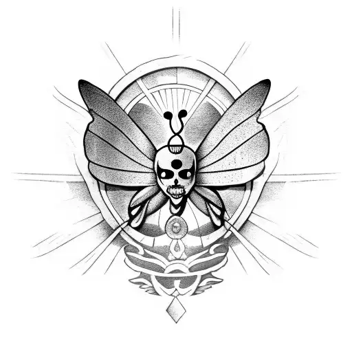 Symmetrical butterfly inside its wings there is an image that looks like a ship with a pirate flag tattoo design idea