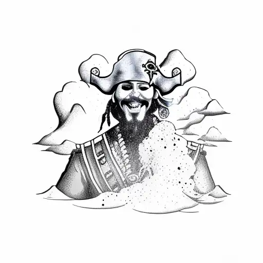 Happy Pirate wearing a watch that says "now" with volcano in the background tattoo design idea