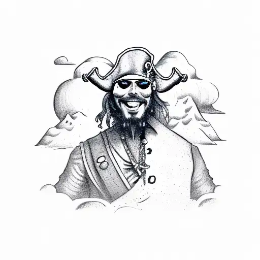 Happy Pirate wearing a watch that says "now" with volcano in the background tattoo design idea
