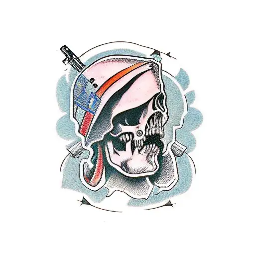 assassin head with guns behind the hood tattoo design idea