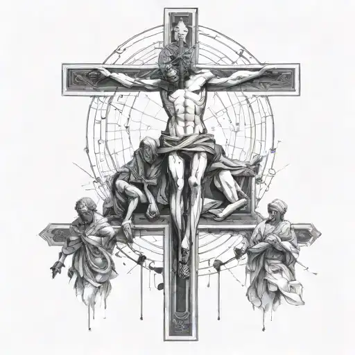 A modern interpretation of the crucifixion scene with a twist, incorporating elements of technology and futuristic design tattoo design idea