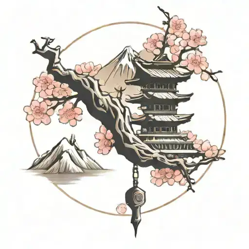 Japanese cherry blossom tree, shrine, and mountain realism stencil tattoo design idea