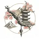 Japanese cherry blossom tree, shrine, and mountain realism stencil tattoo design idea