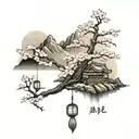 Japanese cherry blossom tree, shrine, and mountain realism stencil tattoo design idea