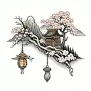 Japanese cherry blossom tree, shrine, and mountain realism stencil tattoo design idea