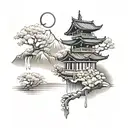 Japanese cherry blossom tree, shrine, and mountain realism stencil tattoo design idea