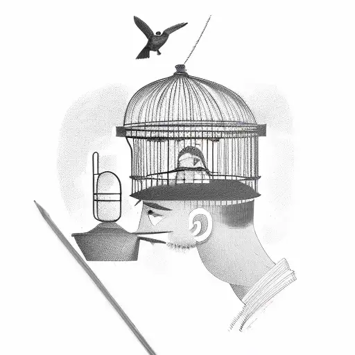 Man with birdcage for head, bird perching on cage, black and red tattoo design idea