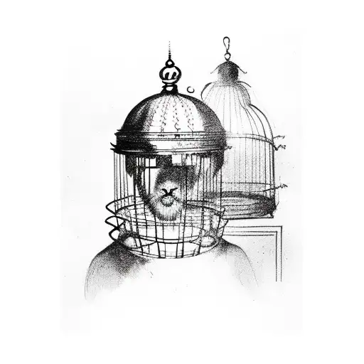Man with birdcage for head, bird perching on cage, black and red tattoo design idea