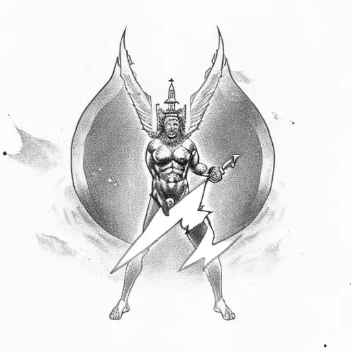 do Zeus, with little clothing on full body, standing, holding a lightning bolt in his hand tattoo design idea