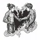 Two brothers shake hands with fire tattoo design idea