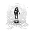human with scuba diving gear on riding a surfboard.  tattoo design idea