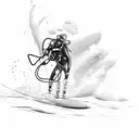 human with scuba diving gear on riding a surfboard.  tattoo design idea