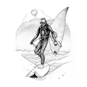 human with scuba diving gear riding a surfboard.  tattoo design idea