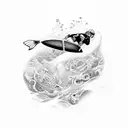 human with scuba diving gear riding a surfboard.  tattoo design idea