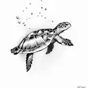 sea turtle with scuba diving gear on riding a surfboard.  tattoo design idea
