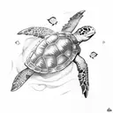 sea turtle with scuba diving gear on riding a surfboard.  tattoo design idea