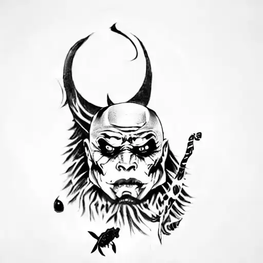 the joker with yin yang koi fish eyes blending face into grim reaper right an angel on left tattoo design idea