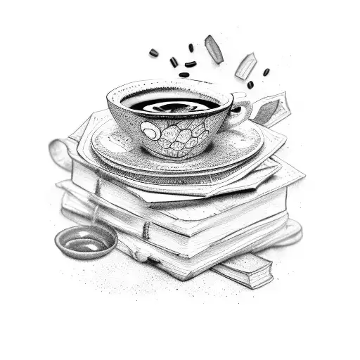 Stack of books with a coffee mug on top tattoo design idea