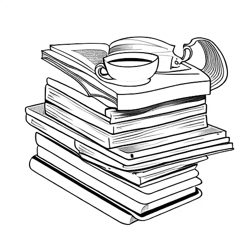 Stack of books with a coffee mug on top tattoo design idea