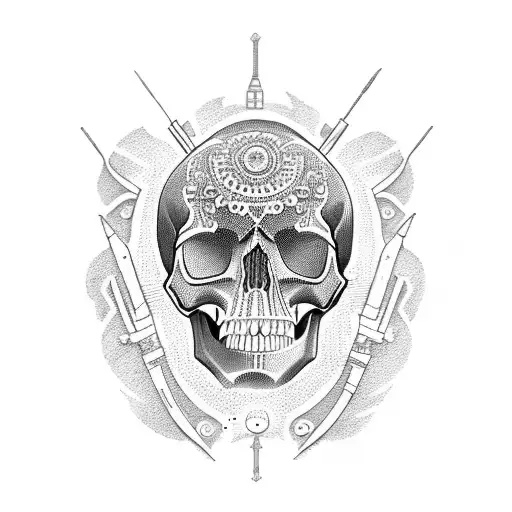 A dotwork tattoo of a collection of vintage guns forming a skull tattoo design idea