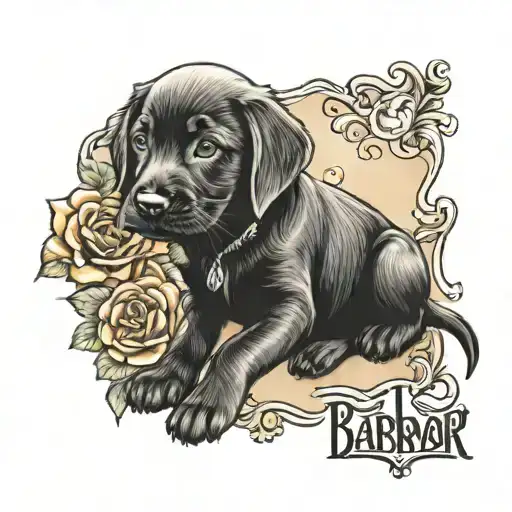 Baby Labrador with name Candy incorporated in the drawing tattoo design idea