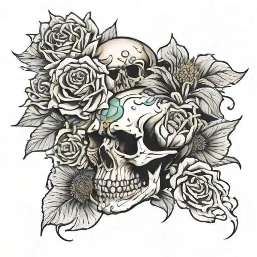 sunflower and rose with skull eating them with flames and a low rider in the back  tattoo design idea
