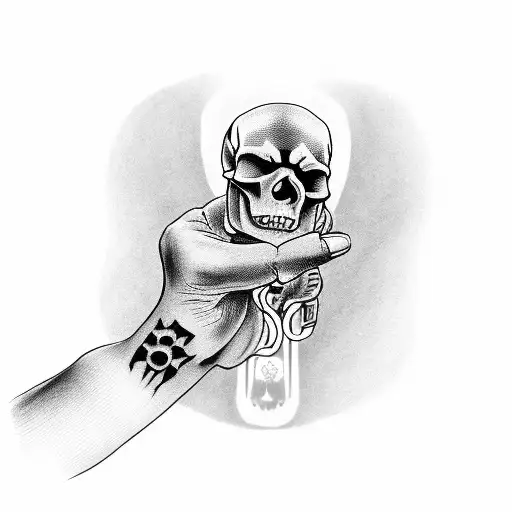 human hand reaching for skeleton hand with a playing card above  tattoo design idea