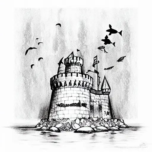castle under the ocean with bird fish and rose gardens tattoo design idea