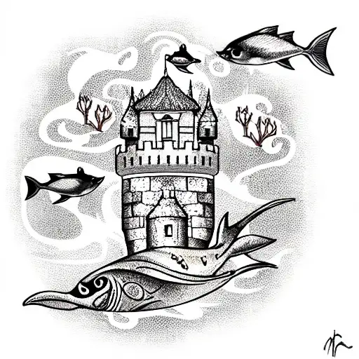 castle under the ocean with bird fish and rose gardens tattoo design idea