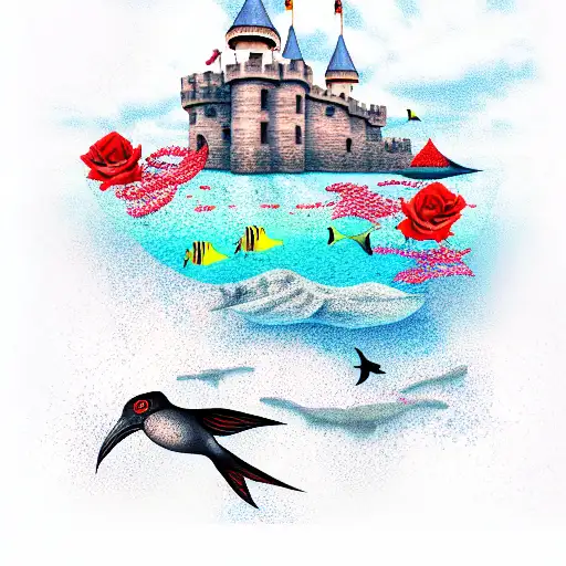castle under the ocean with bird fish and rose gardens tattoo design idea