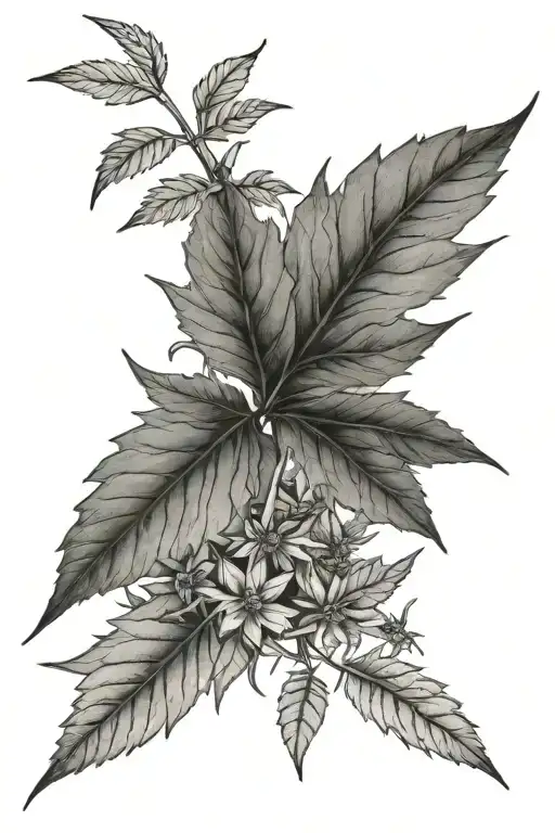 A detailed black and grey tattoo of a weed leaf intertwined with elements of nature tattoo design idea