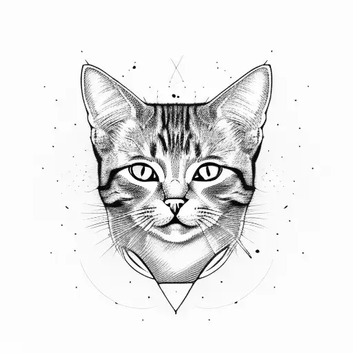 Cat head in black with white, no pupils and smoke going from eyes tattoo design idea